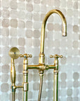 Unlacquered Brass bathtub Faucet Floor Mount Bathtub Faucet, Tub Filler Faucet with Two Handles And Hand Shower