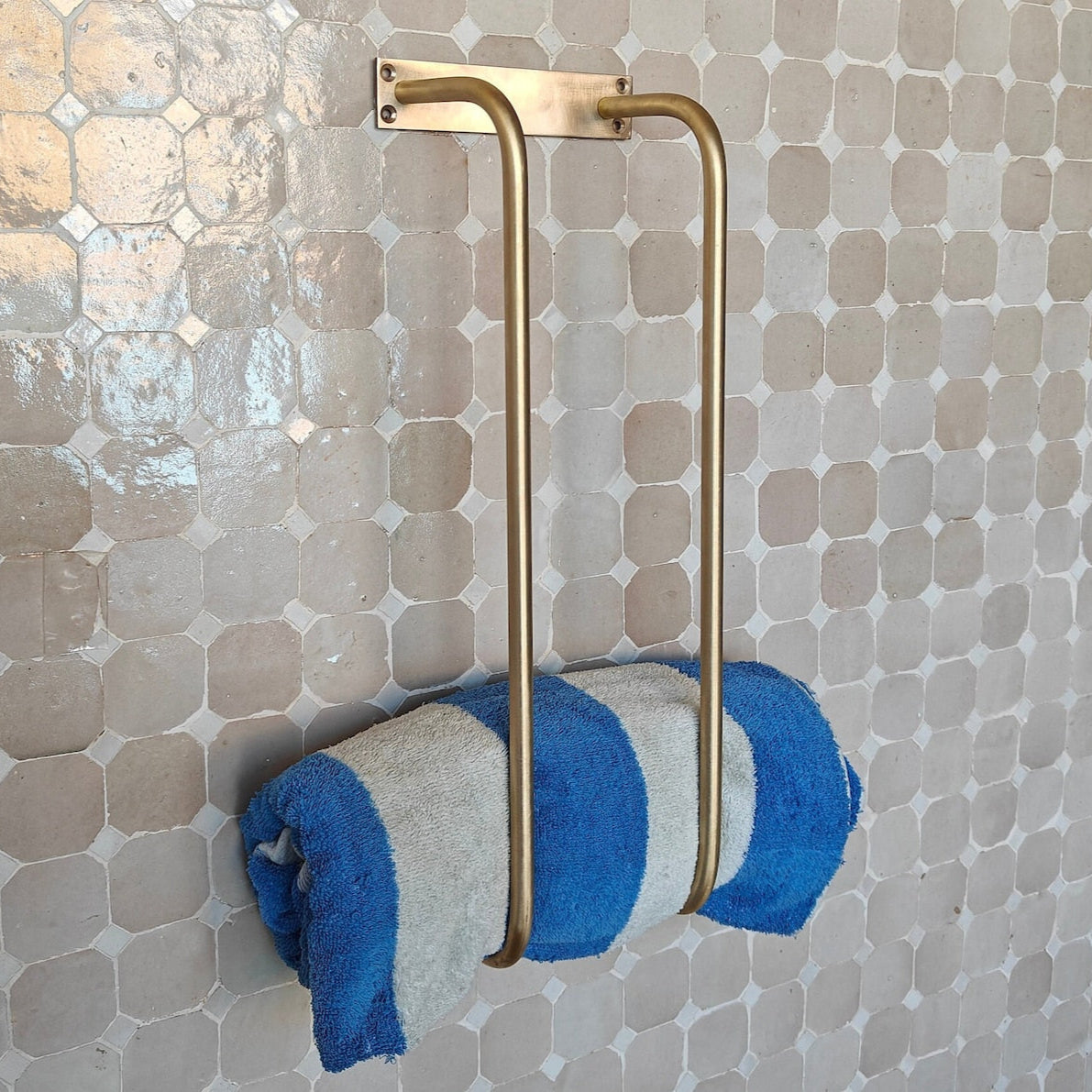 Unlacquered Brass Wall Mount Towel Holder - Two Vertical Rods