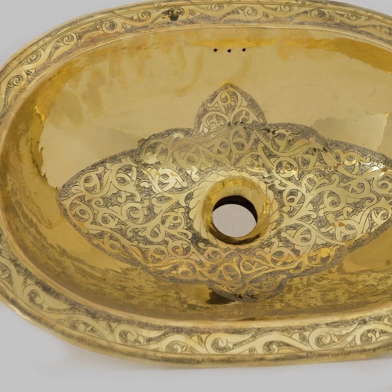 Brass Sink, Oval Brass Sink, Drop-in Brass Bathroom Sink, Engraved Antique Brass Sink, Bathroom Brass sink, Aged Brass Sink