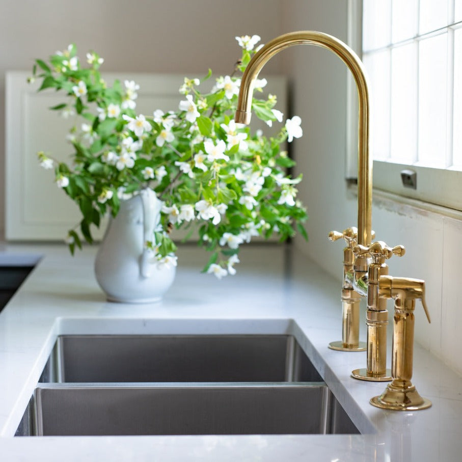 Unlacquered Brass Kitchen Faucet with Sprayer