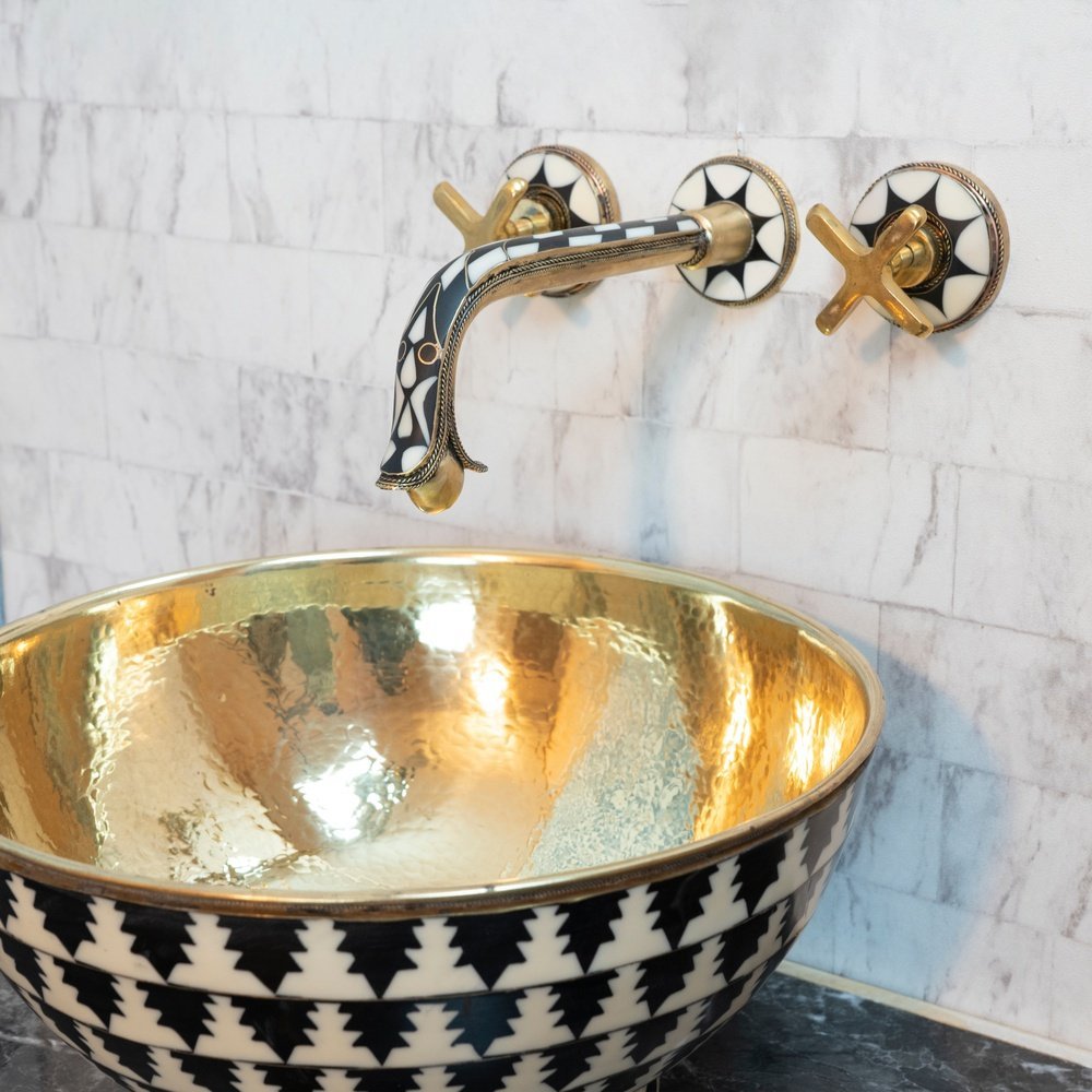 Handcrafted Wood &amp; Brass Wall Mounted faucet