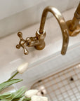 Unlacquered Brass Kitchen Faucet, Bridge Kitchen Faucet With Sprayer, Antique Brass Gold Faucet (8")