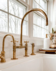 Unlacquered Brass Kitchen Faucet, Bridge Kitchen Faucet With Sprayer, Antique Brass Gold Faucet (8")