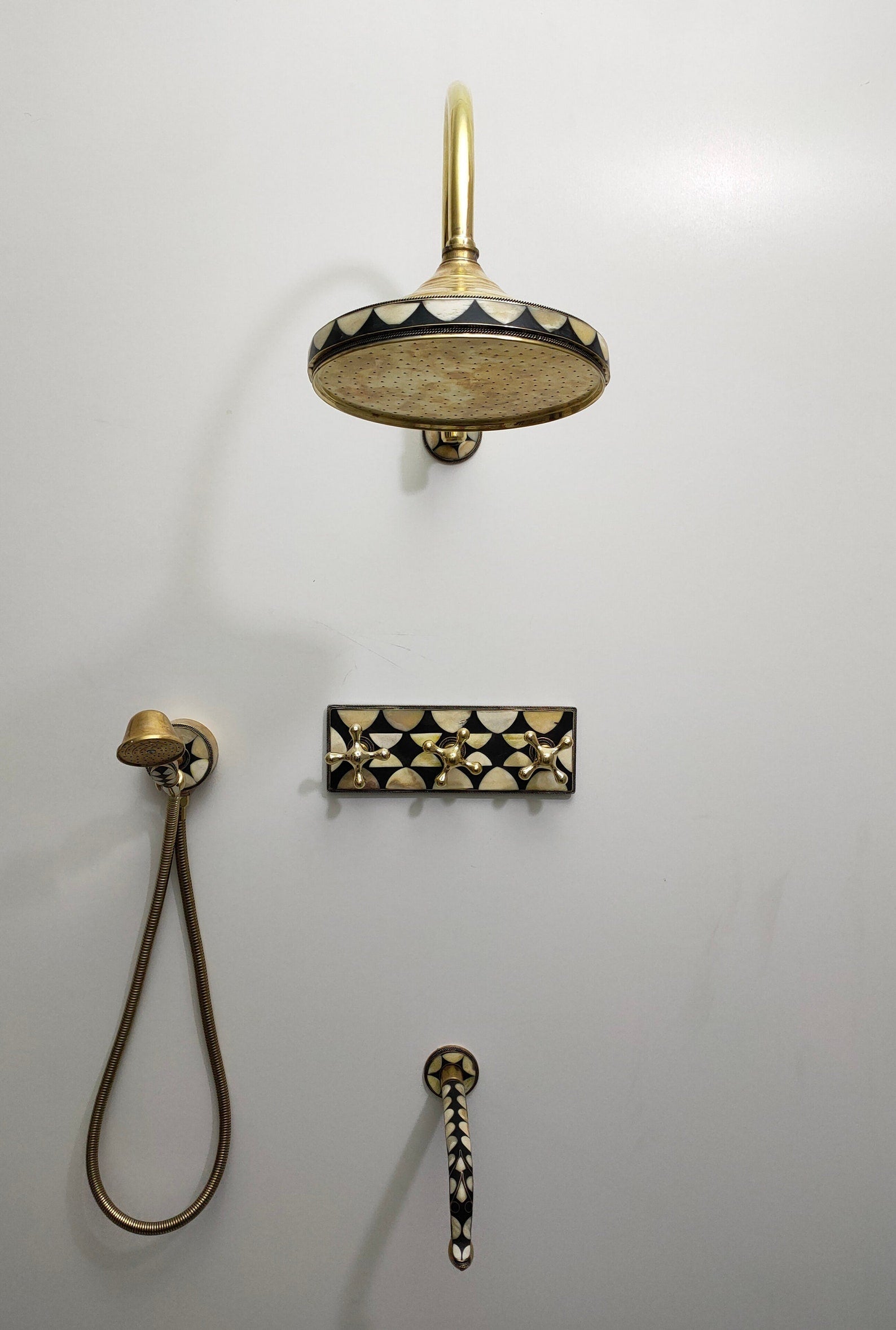 Unlacquered Brass Shower System, Brass and Resin Decoration