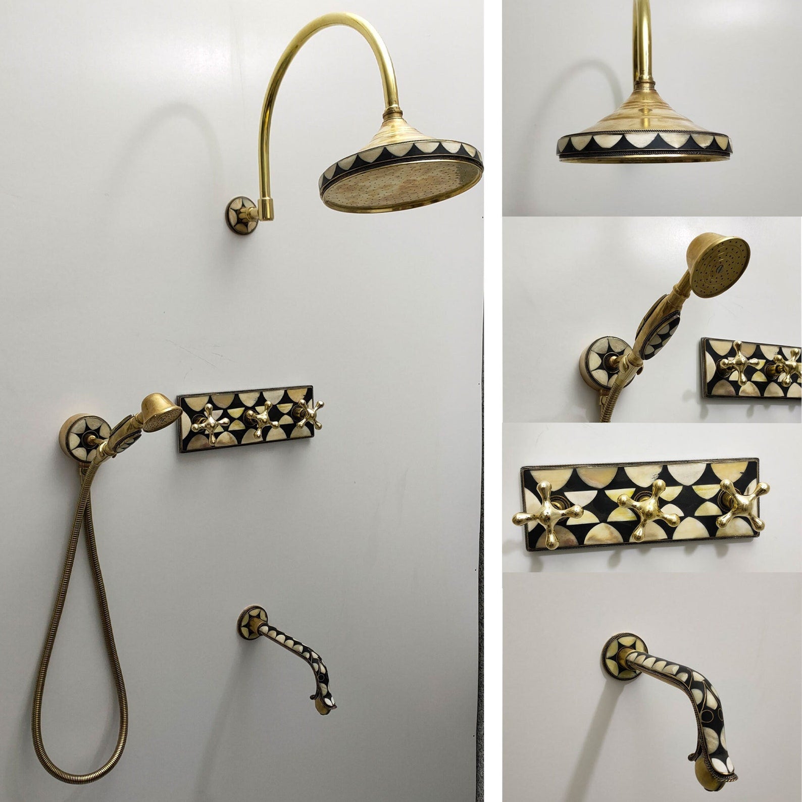 Unlacquered Brass Shower System, Brass and Resin Decoration