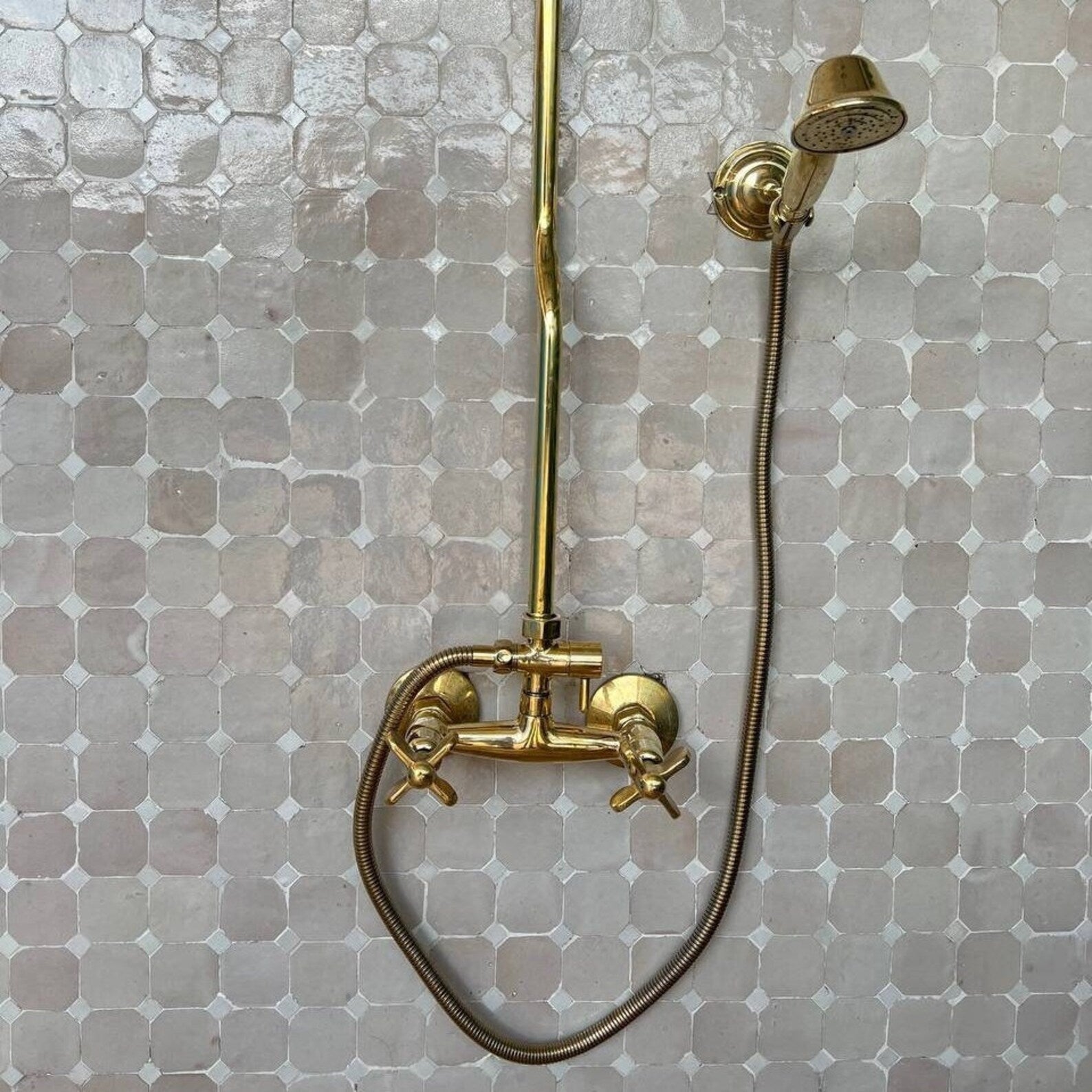 Unlacquered Brass Exposed Shower with HandHeld, Round ShowerHead