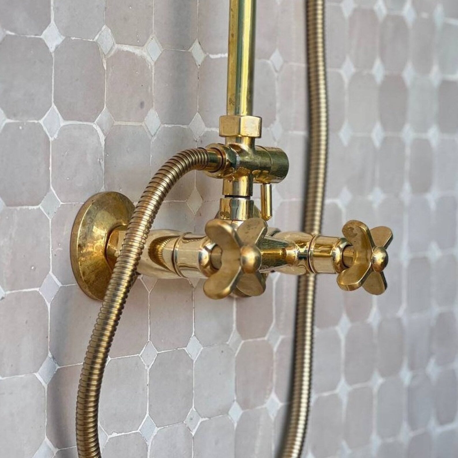 Unlacquered Brass Exposed Shower with HandHeld, Round ShowerHead