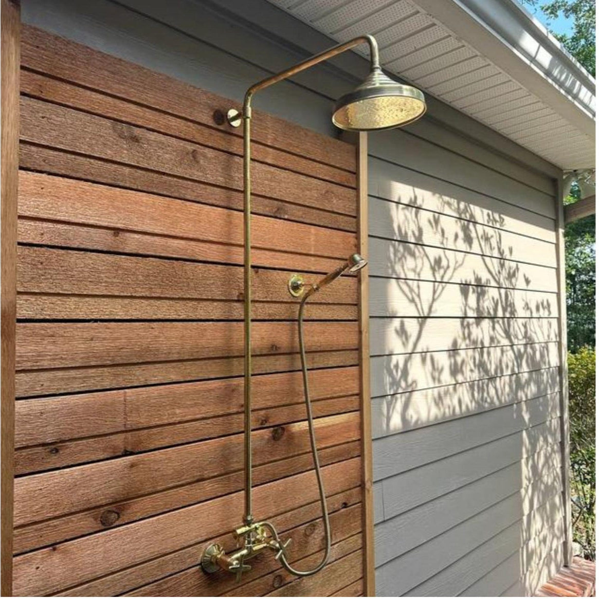 Unlacquered Brass Outdoor Shower with HandHeld