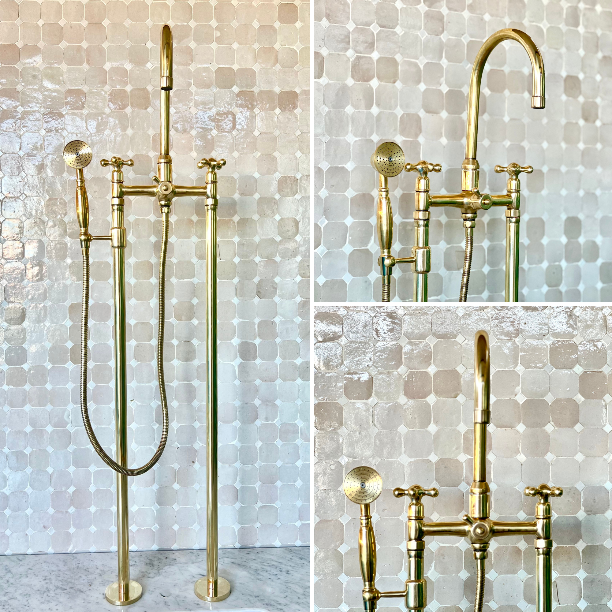 Unlacquered Brass bathtub Faucet Floor Mount Bathtub Faucet, Tub Filler Faucet with Two Handles And Hand Shower