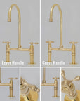 Unlacquered Brass Kitchen Faucet, Bridge Kitchen Faucet With Sprayer, Antique Brass Gold Faucet (8")