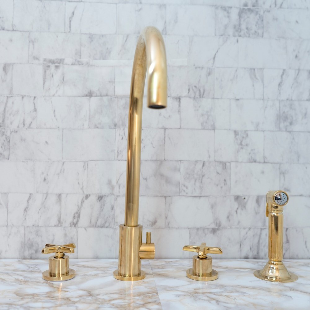 Unlacquered Brass 4 Holes Bathroom Faucet With Diverter