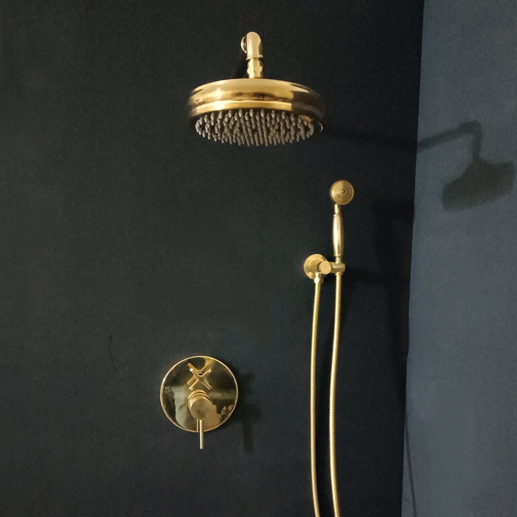 Unlacquered Brass Concealed Shower with cross handle