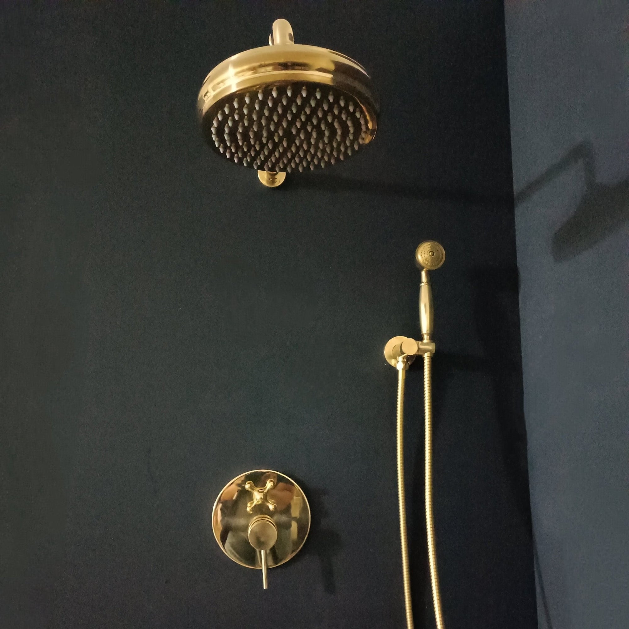 Unlacquered Brass Concealed Shower with cross handle