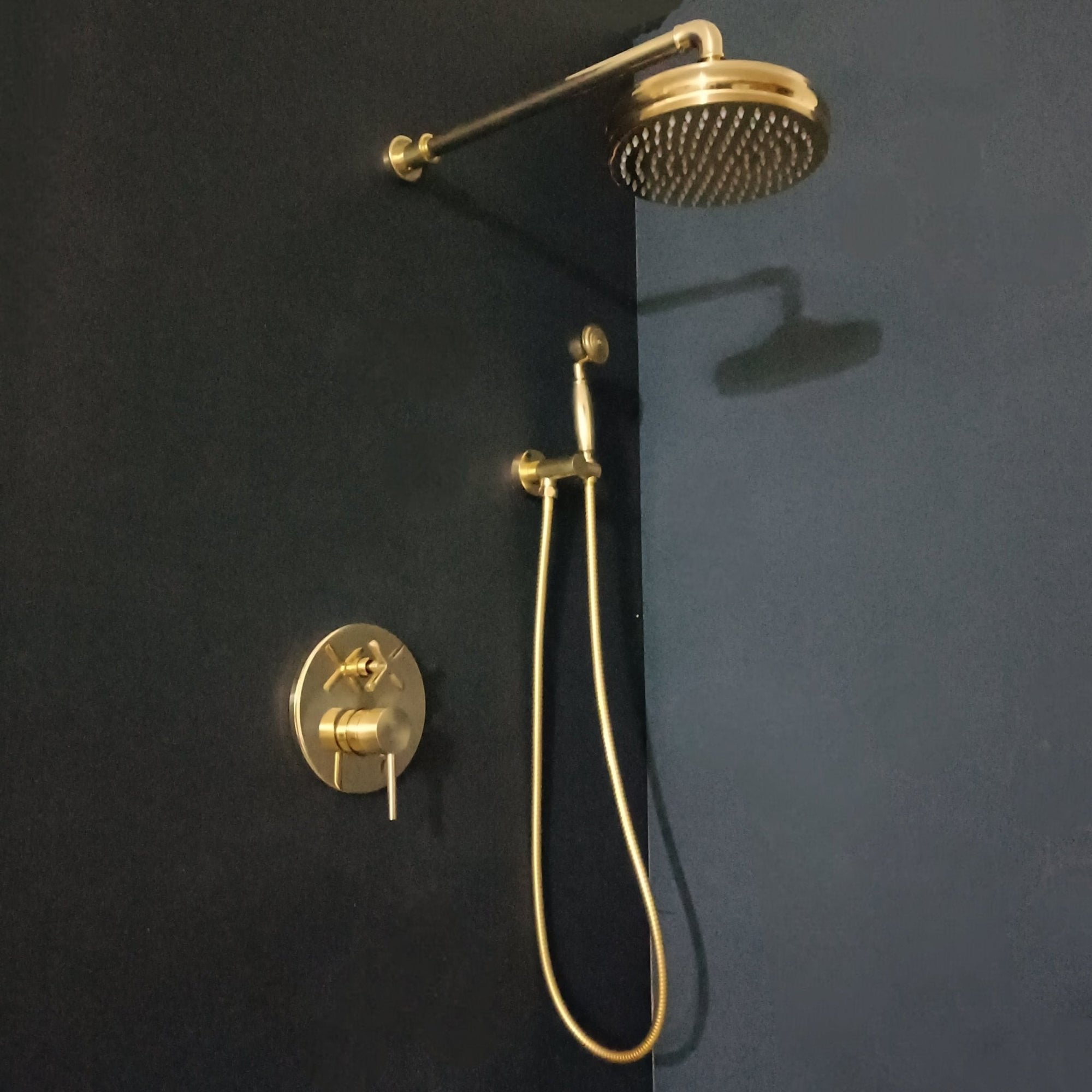 Unlacquered Brass Concealed Shower with cross handle