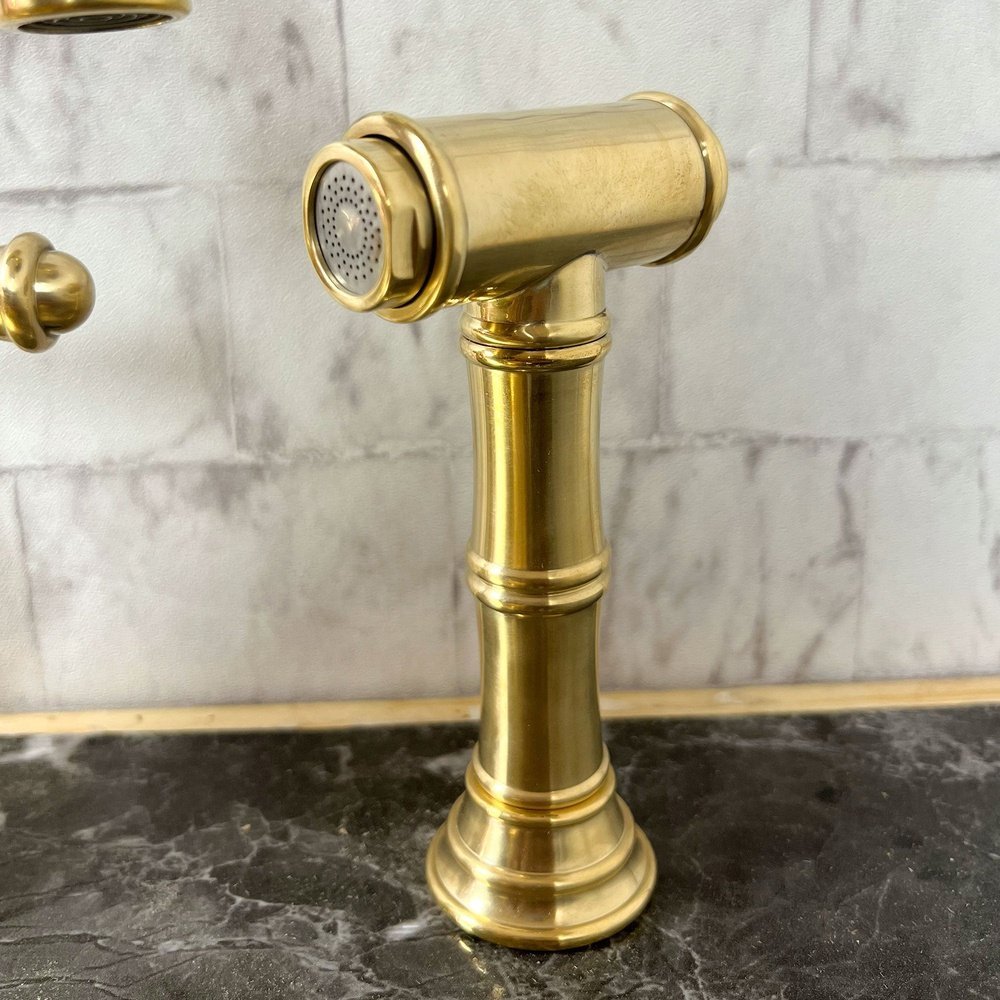 Unlacquered Brass Deck Mount Column Spout 3 Leg With Sidespray