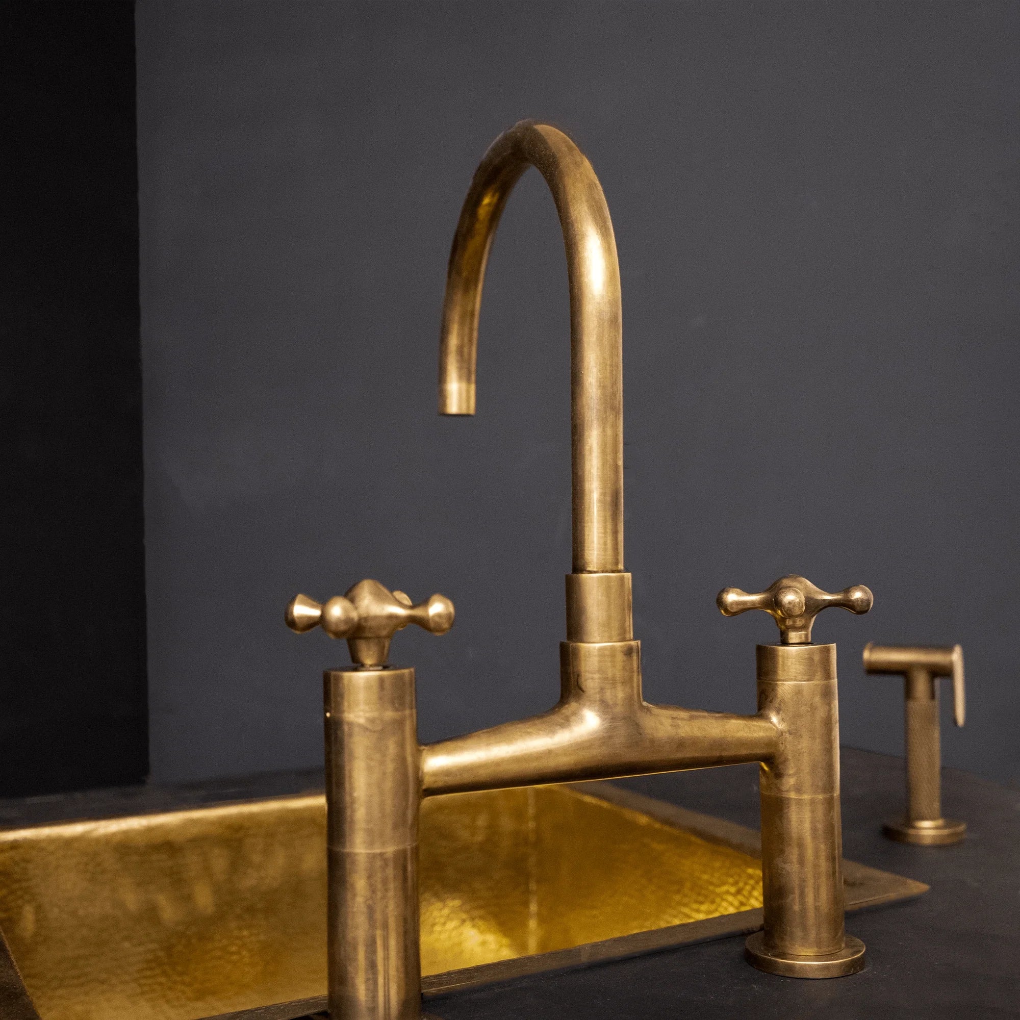 Unlacquered Brass Kitchen Bridge Faucet With Sprayer &amp; Cross Handles