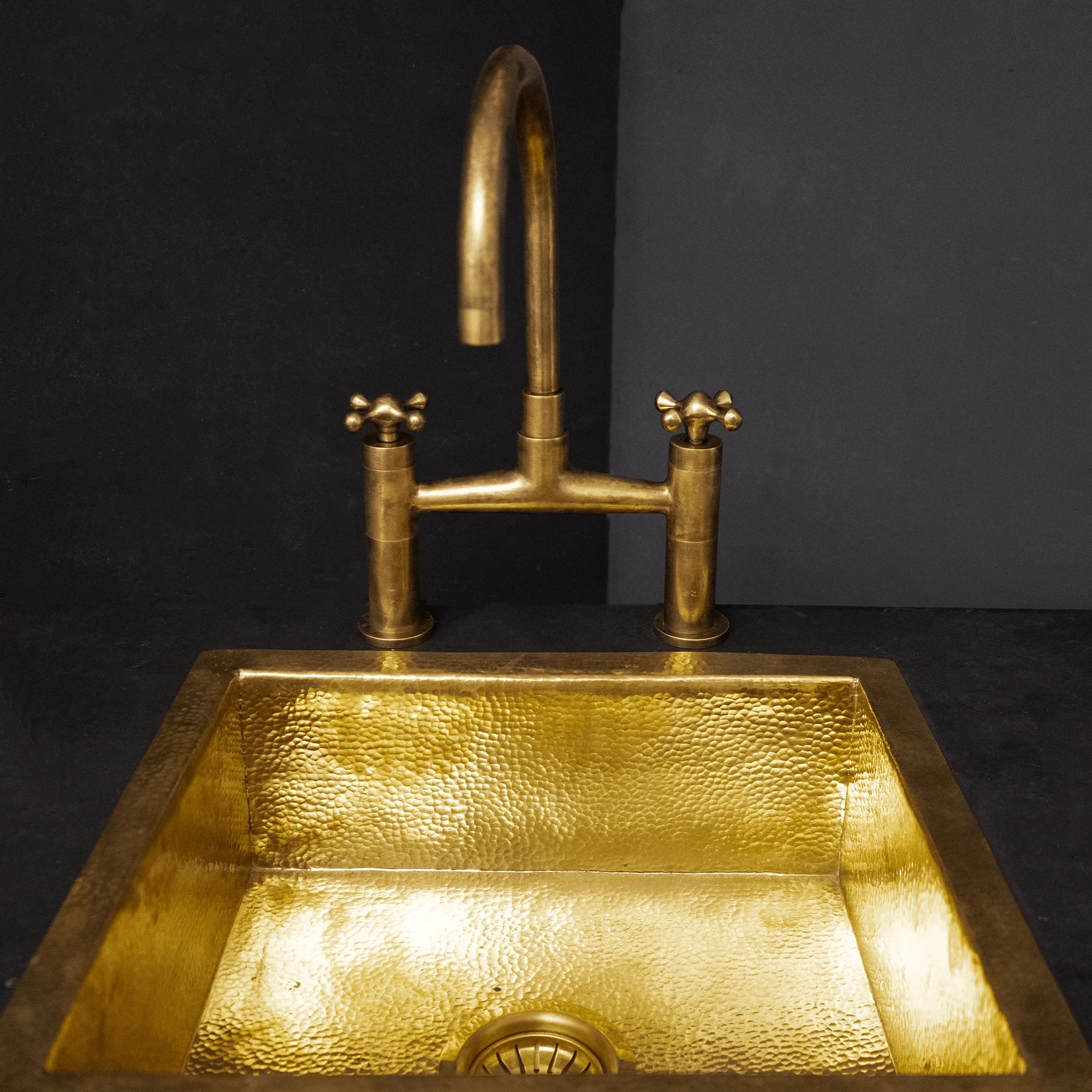 Unlacquered Brass Kitchen Bridge Faucet With Sprayer &amp; Cross Handles