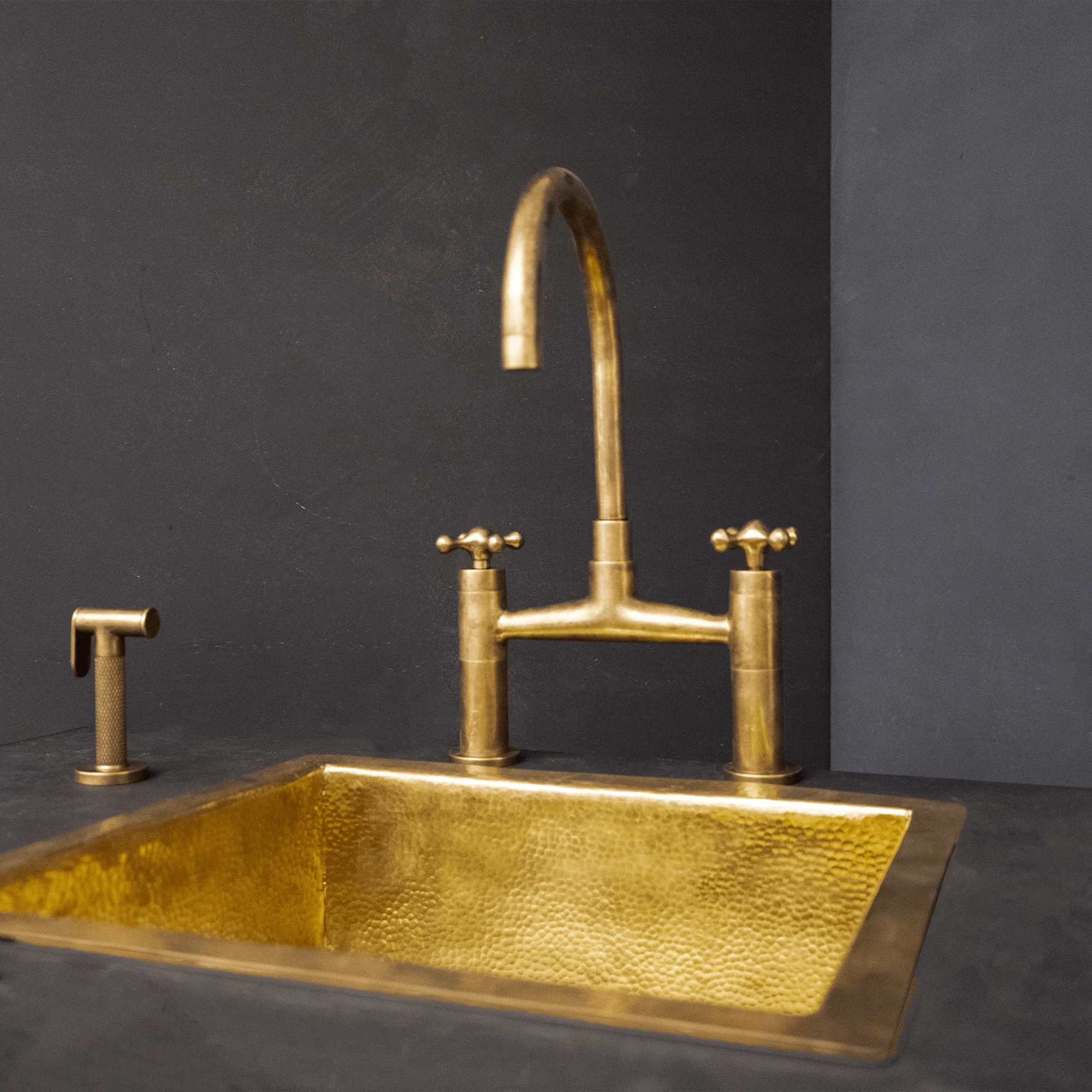 Unlacquered Brass Kitchen Bridge Faucet With Sprayer &amp; Cross Handles