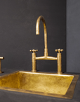 Unlacquered Brass Kitchen Bridge Faucet With Sprayer & Cross Handles