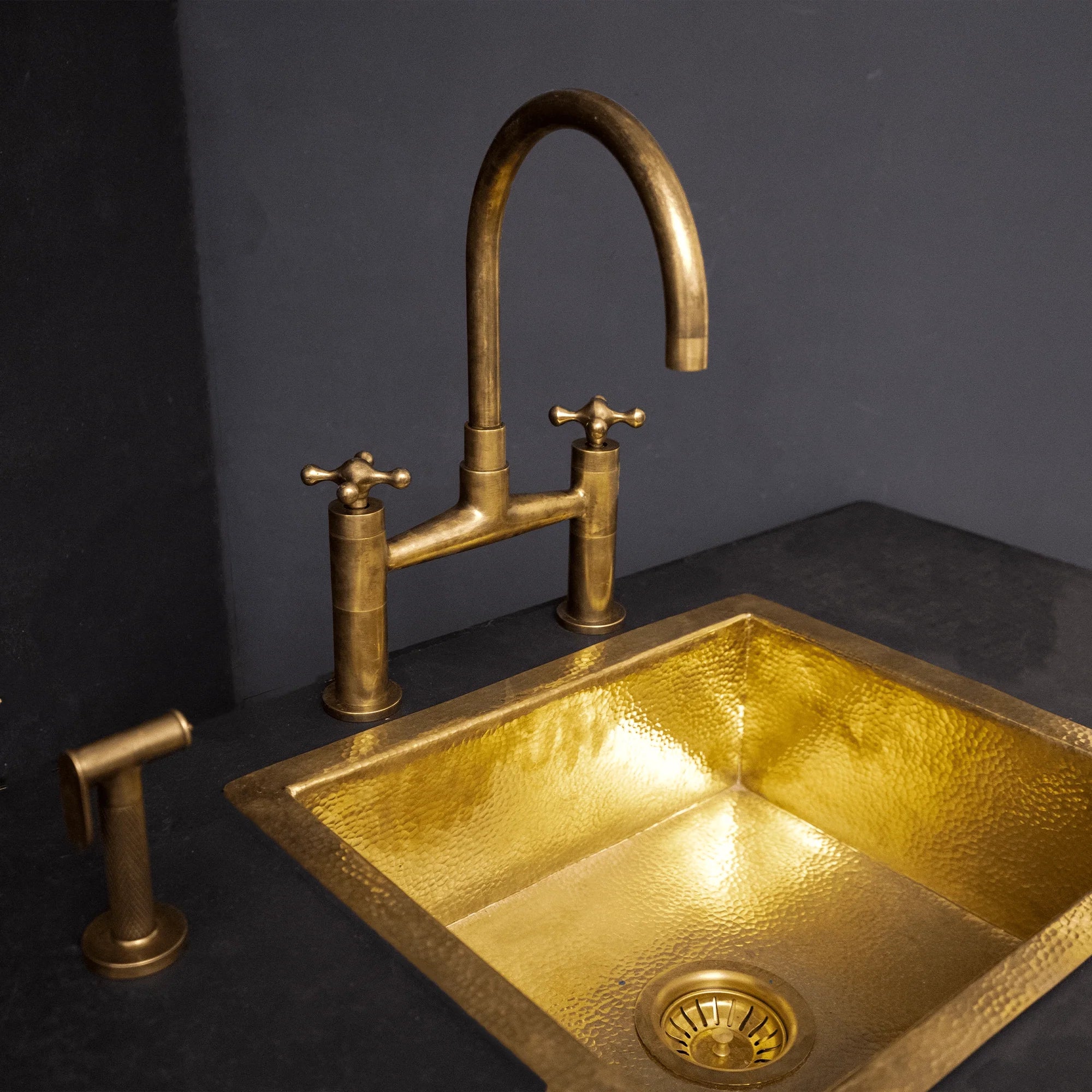 Unlacquered Brass Kitchen Bridge Faucet With Sprayer &amp; Cross Handles