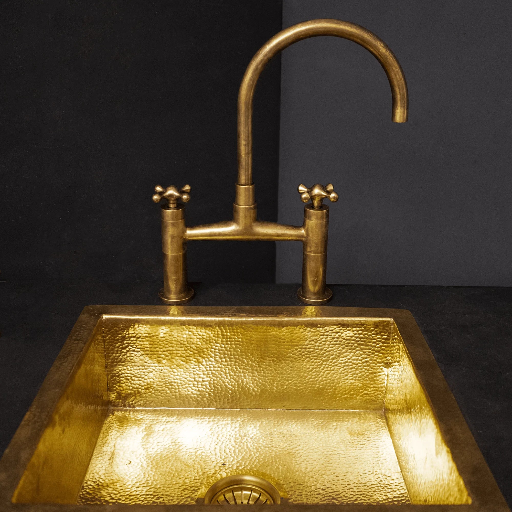 Unlacquered Brass Kitchen Bridge Faucet With Sprayer &amp; Cross Handles