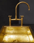 Unlacquered Brass Kitchen Bridge Faucet With Sprayer & Cross Handles