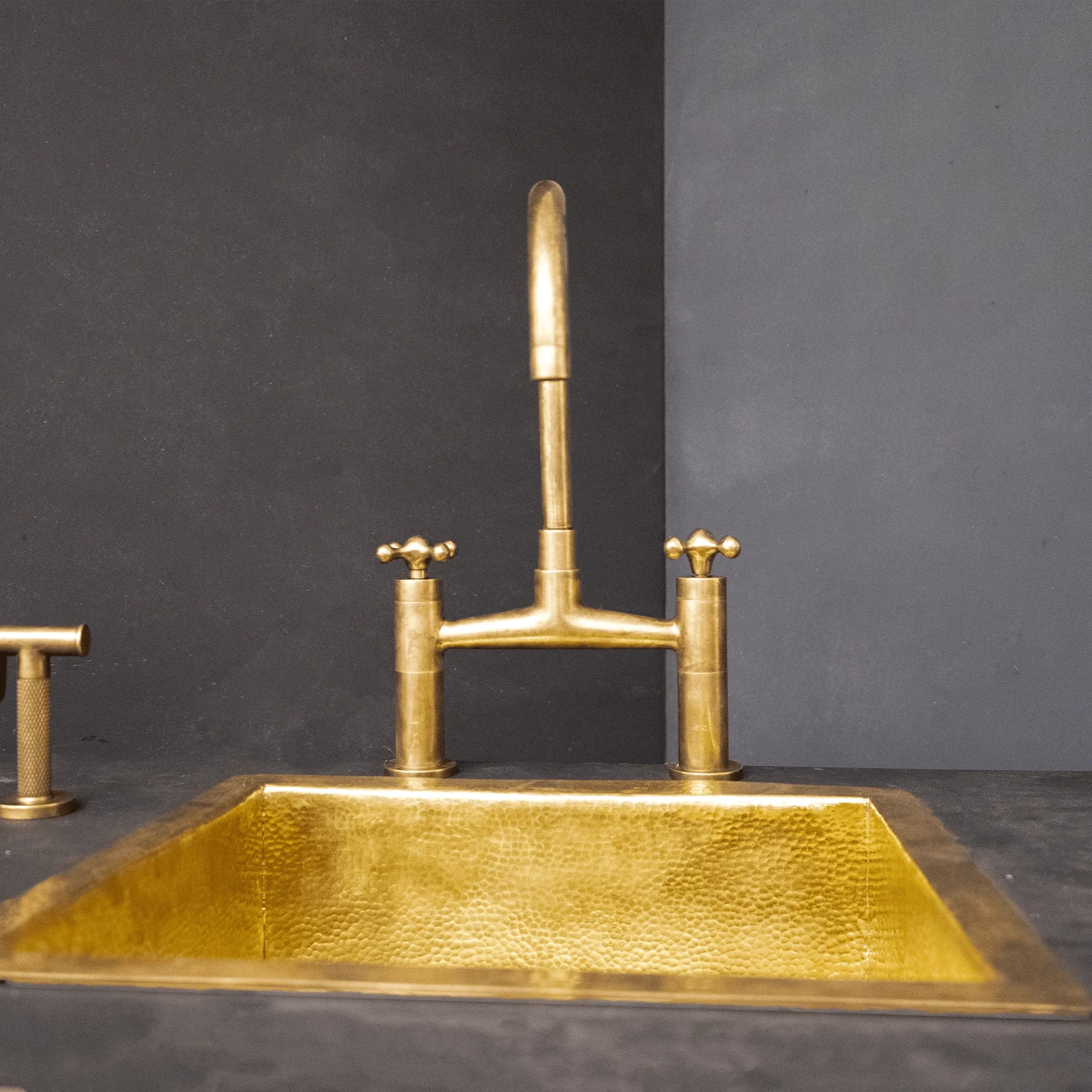 Unlacquered Brass Kitchen Bridge Faucet With Sprayer &amp; Cross Handles