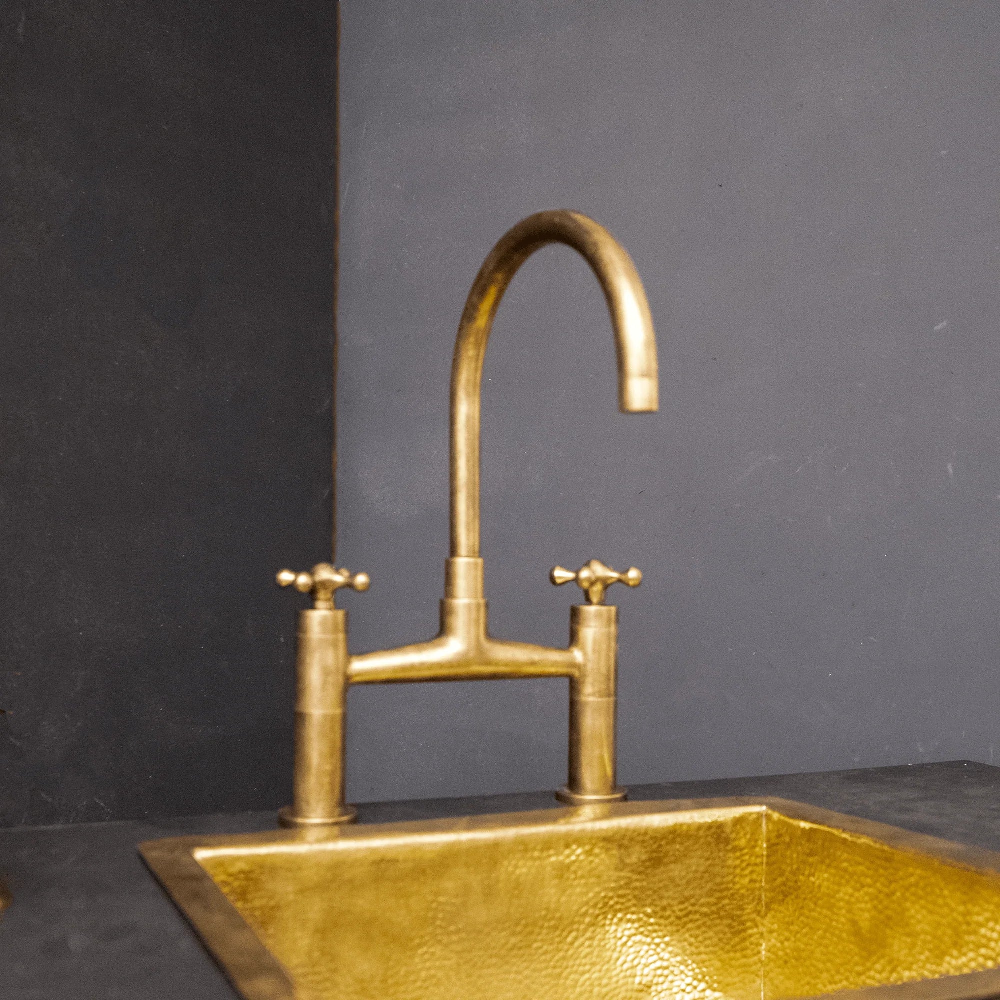 Unlacquered Brass Kitchen Bridge Faucet With Sprayer &amp; Cross Handles