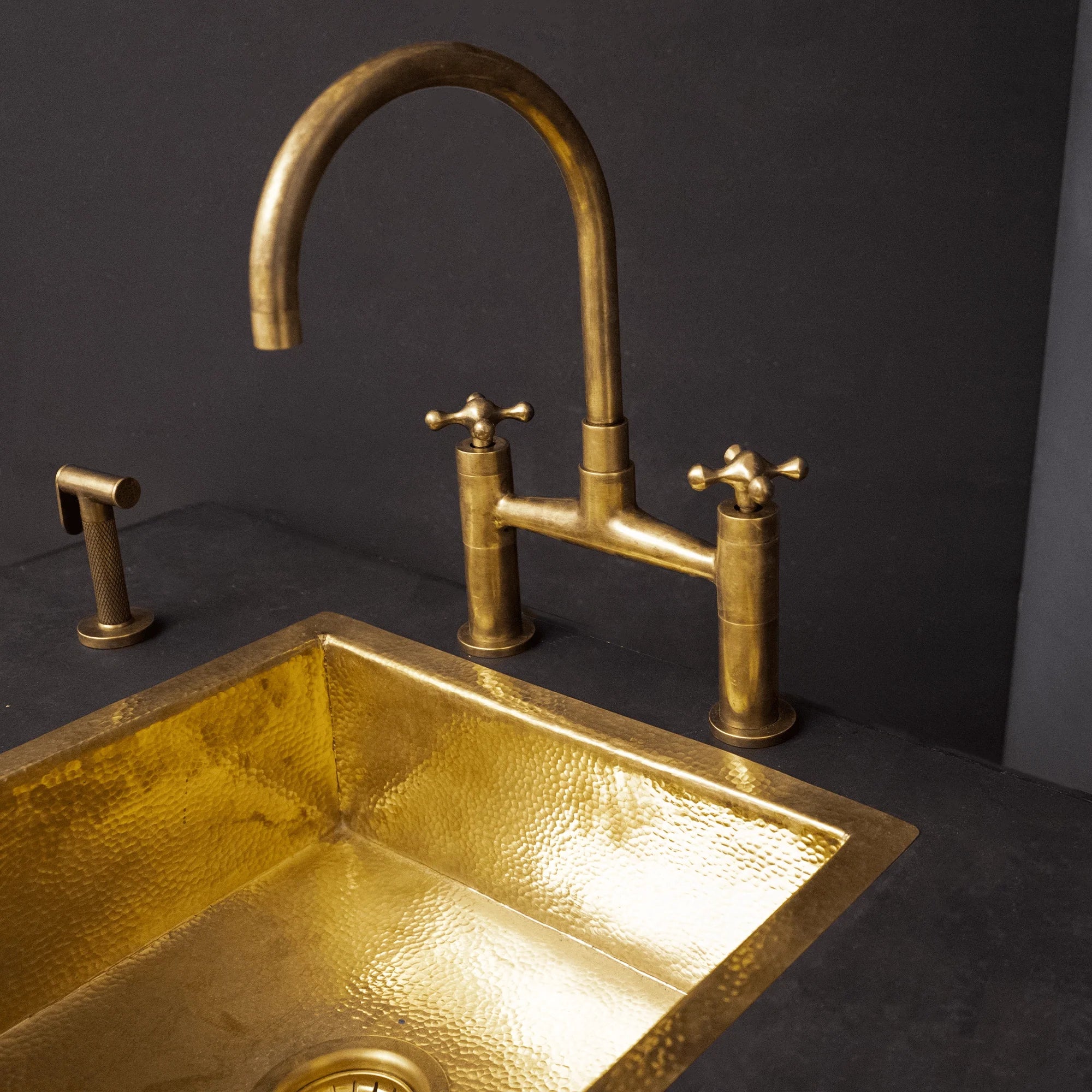 Unlacquered Brass Kitchen Bridge Faucet With Sprayer &amp; Cross Handles