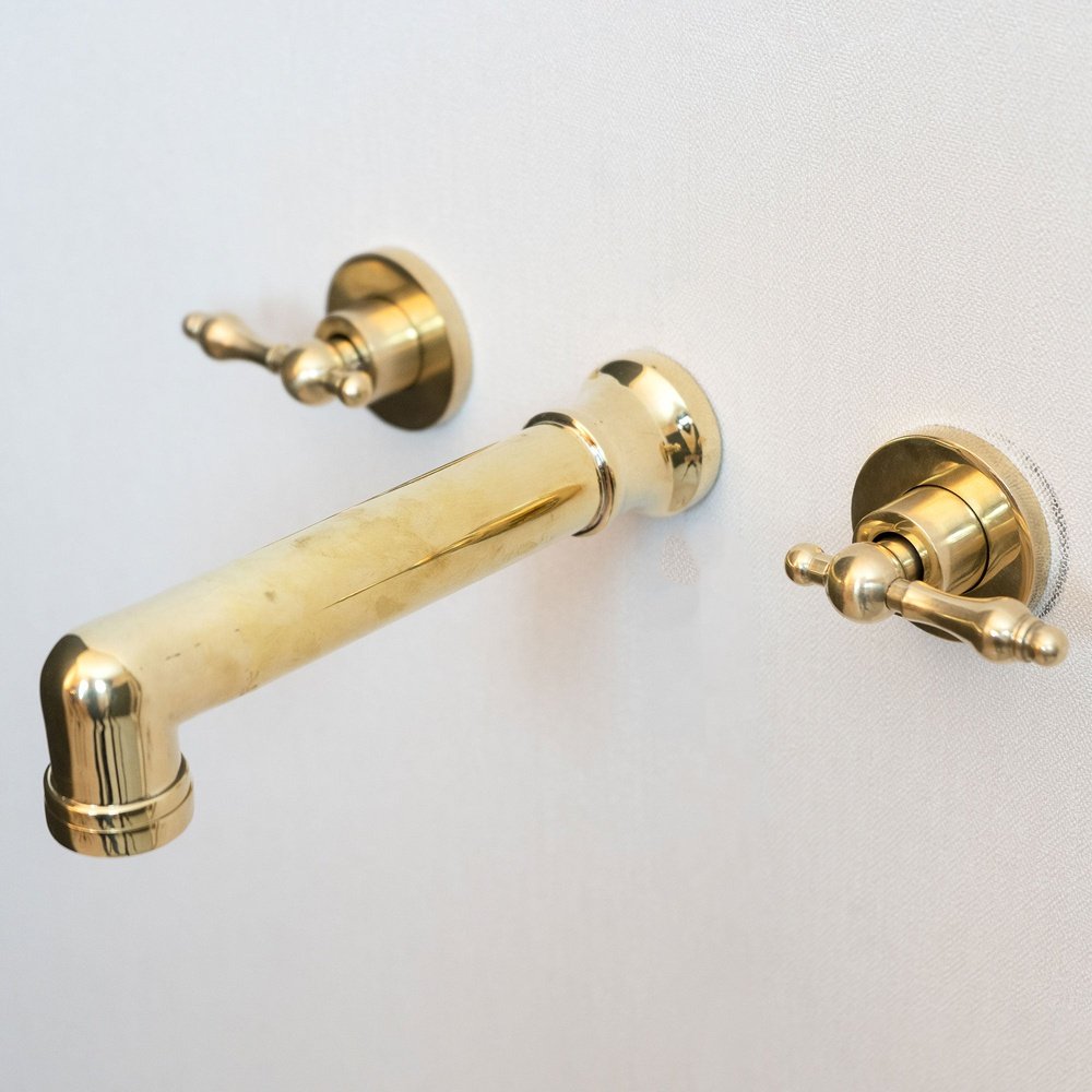 Unlacquered Brass Wall Mounted Faucet With Lever Handles