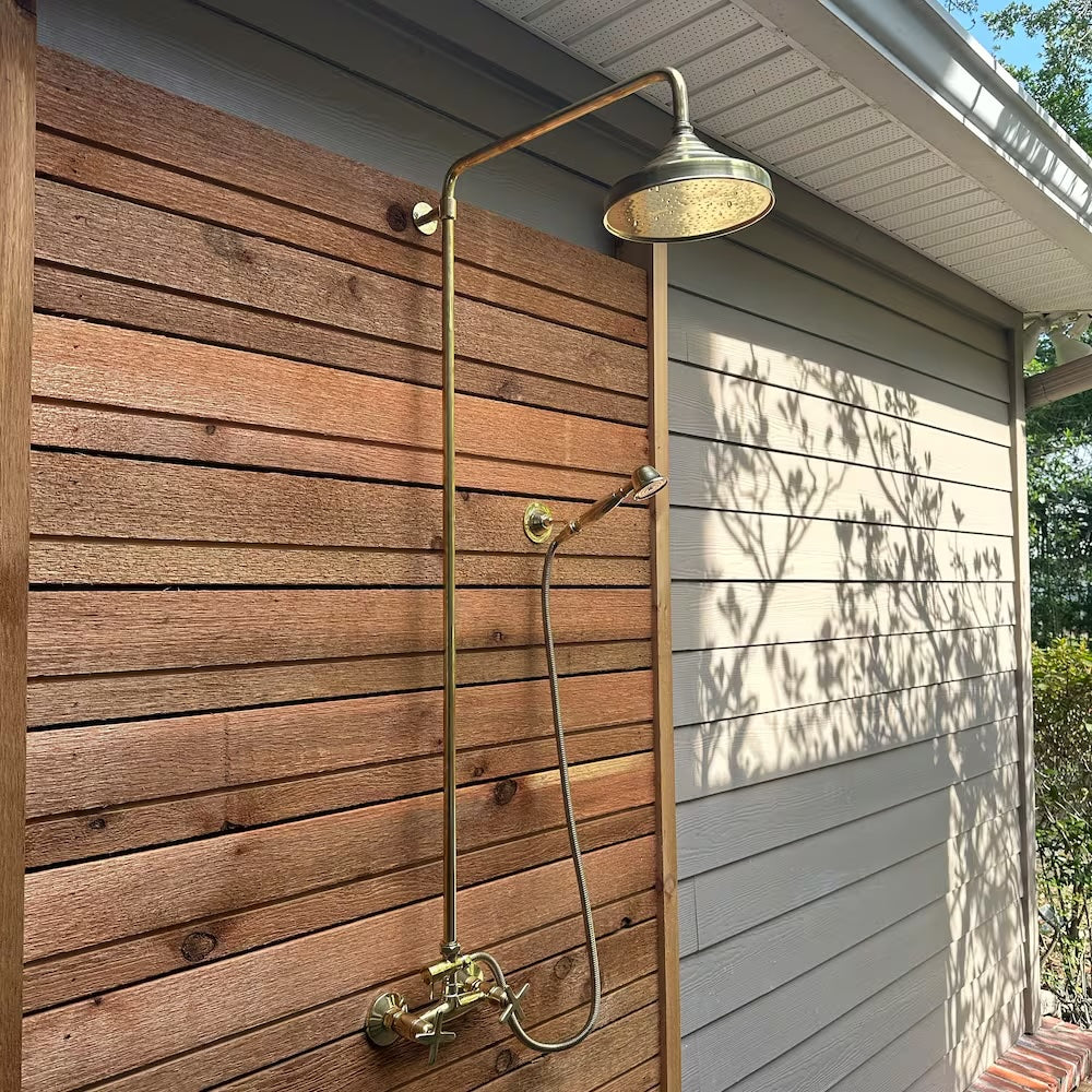 Unlacquered Brass Outdoor Shower with HandHeld